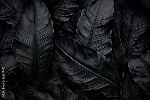 Dark tropical leaves with pronounced texture, natural pattern, and play of shadows. photo
