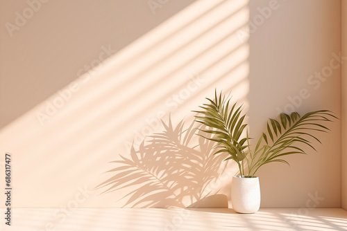 An indoor plant in a pot casts a playful shadow under soft natural light.
