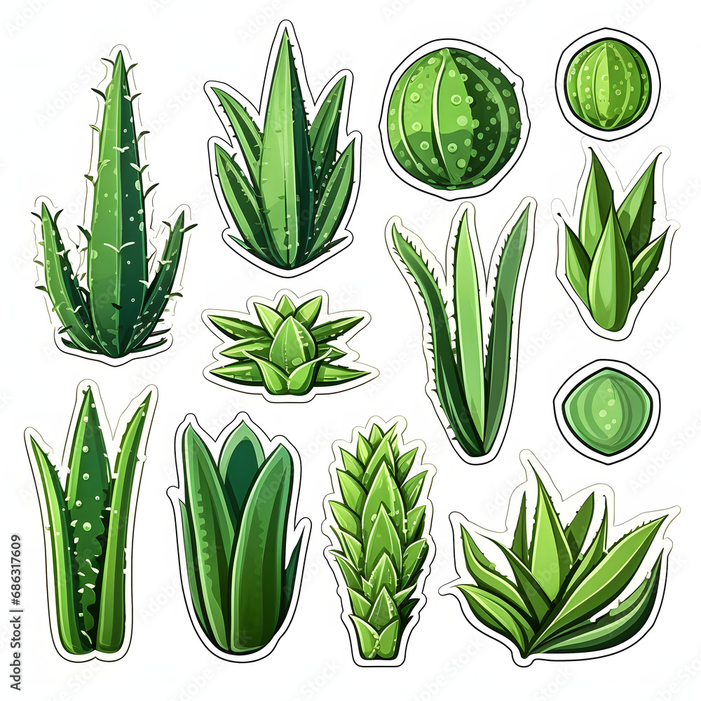Set of green aloe vera watercolor illustrations isolated on a white background Set of green aloe vera watercolor illustrations isolated on a white background
