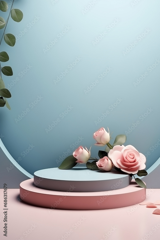 Pedestal for display of Valentine's Day product for showcase. Podium platform stand with roses for lovers day. Aesthetic display of beauty products. Pedestal for display of Valentine's Day product for showcase. Podium platform stand with roses for lovers day. Aesthetic display of beauty products.