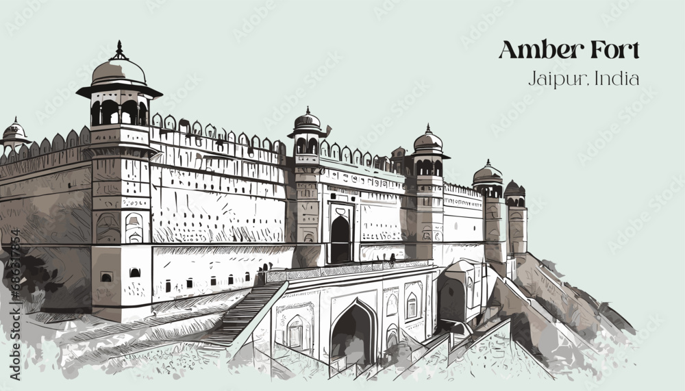 Hand drawn sketch illustration of Amber Fort, landmark of amber fort Jaipur, India - obrazy, fototapety, plakaty 