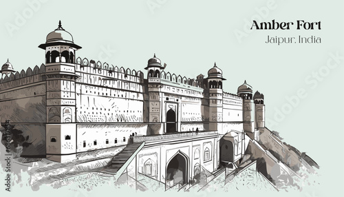 Hand drawn sketch illustration of Amber Fort, landmark of amber fort Jaipur, India