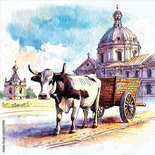 vector illustration of a bull cart in a watercolor sketch style. Traditional Bull Cart with Oxen in a Rustic Countryside Landscape. Bull cart illustration.