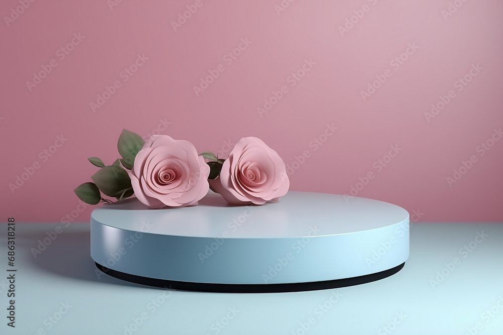 Pedestal for display of Valentine's Day product for showcase. Podium platform stand with roses for lovers day. Aesthetic display of beauty products. Pedestal for display of Valentine's Day product for showcase. Podium platform stand with roses for lovers day. Aesthetic display of beauty products.