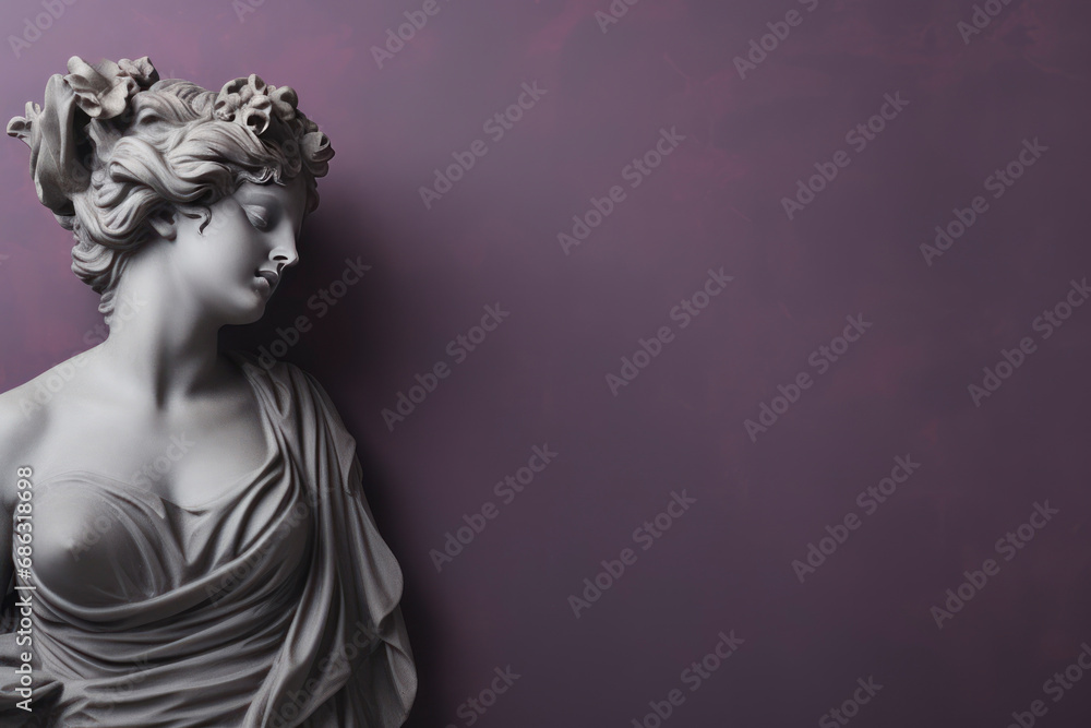 Antique bust of woman on purple background. feminine beauty. AI generated