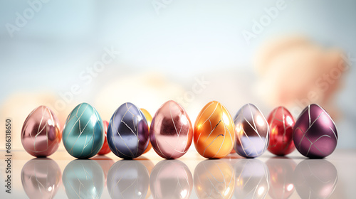 Magical Reflections, Dazzling Reflections of Bright Shiny Colored Eggs on Crystal Floor, Beautiful Easter Eggs Casting a Glowing Spell with Shimmering on Cristian's Special Day generative AI photo