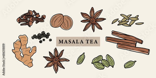 Line art masala tea spices drawing
