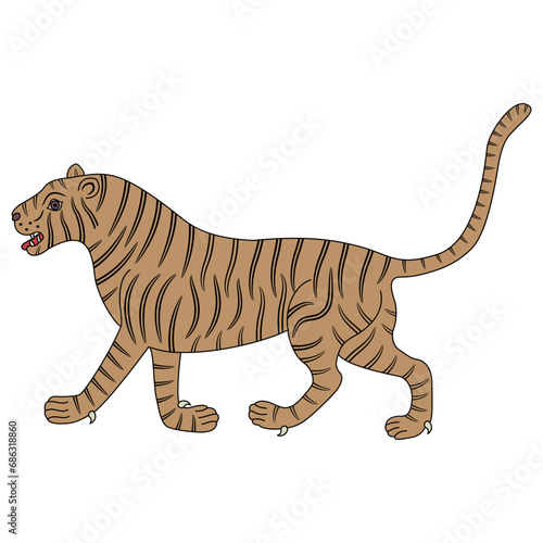 Walking tiger. Traditional animal design from India. Isolated vector illustration. © Olena