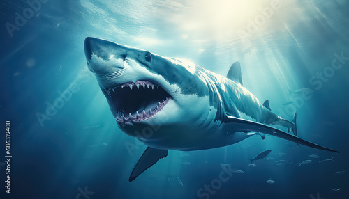 Great white shark in blue sea