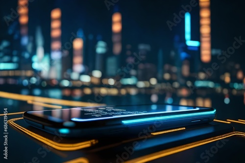 Close-up of a smartphone scanning for malware, with the city lights creating a futuristic atmosphere, highlighting the battle against cyber threats.