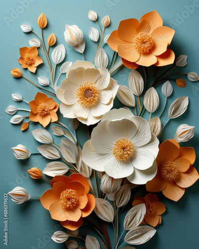 Spring blossoming paper flowers in various harmonious colors  creatively arranged  with soft  gentle  and complementary hues.