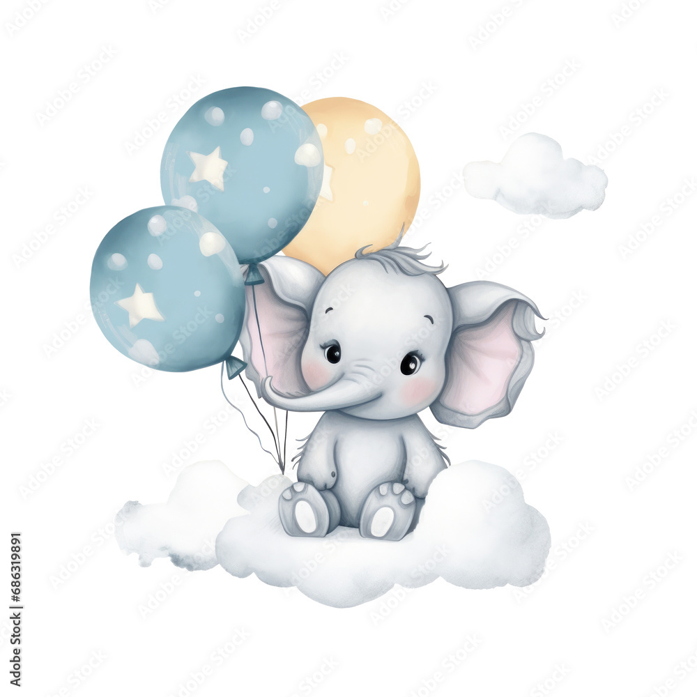 A cute teddy elephant with ballon, watercolor. Isolated, baby room frame, nursery room frame. A cute teddy elephant with ballon, watercolor. Isolated, baby room frame, nursery room frame.