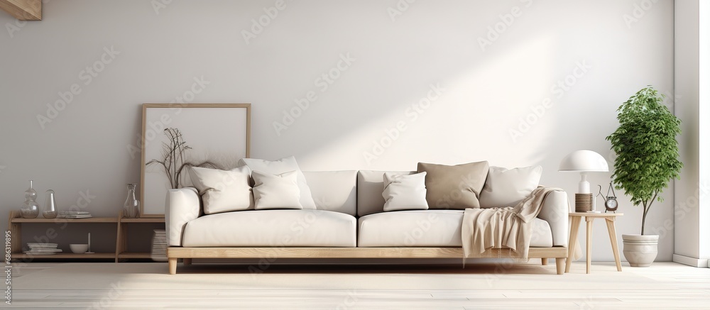 Scandinavian style illustration of a white living room with a sofa Scandinavian style illustration of a white living room with a sofa