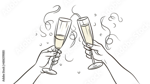 Drawn champagne cheers with hands one line art, png