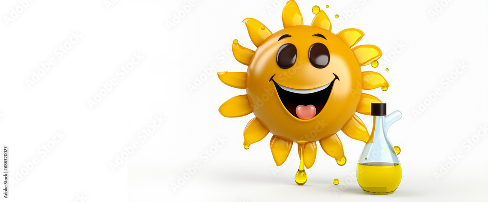 Sunflower oil drop with a cheerful face 3D on a white background.