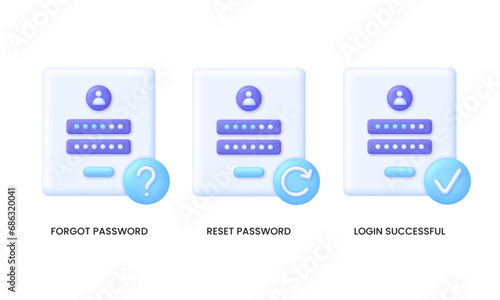 3D Set of password illustrations. Forgot, reset password and login successful. Cyber security to Protect Personal Data.