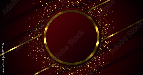 Abstract red background with luxury golden elements. Golden circular ring over golden dust particle seamless loop motion gradient background.