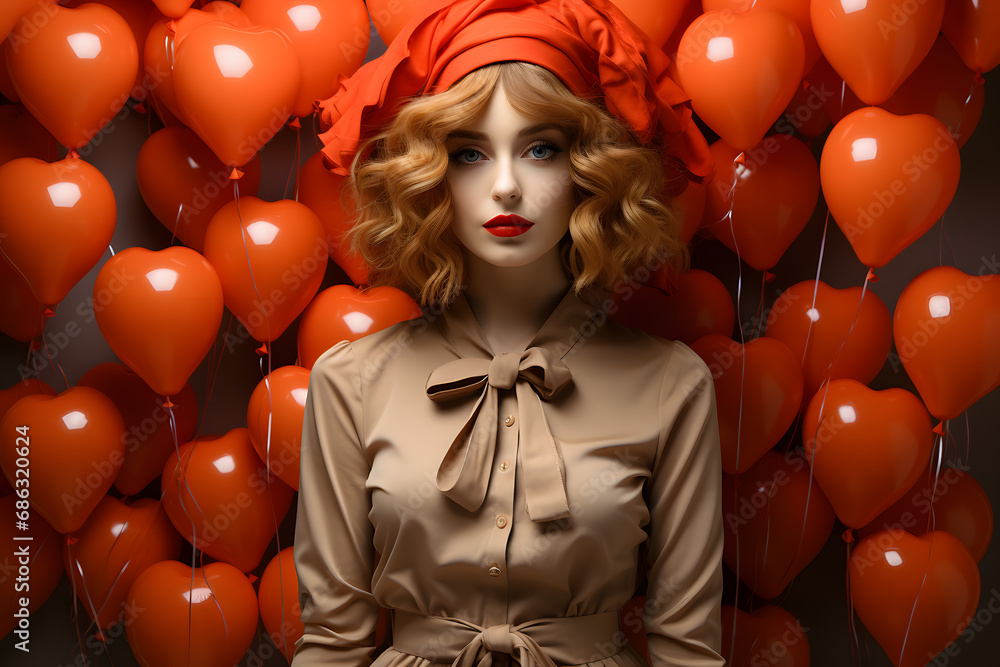 Portrait of a young woman with heart-shaped balloons in the background. Valentine's day concept. Romantic background.