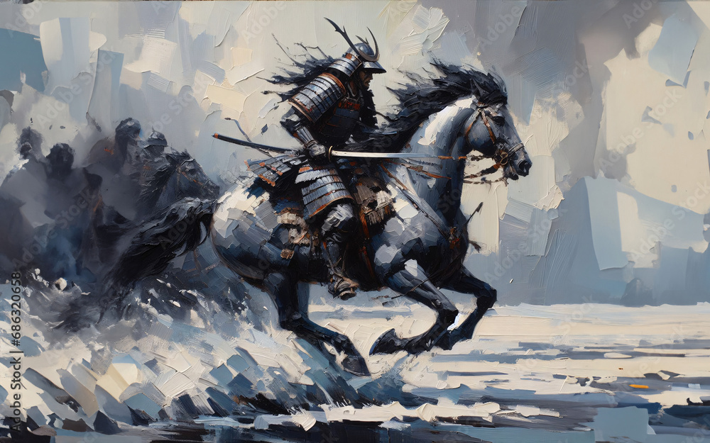 Naklejka premium A samurai is riding her horse towards the battlefield. 