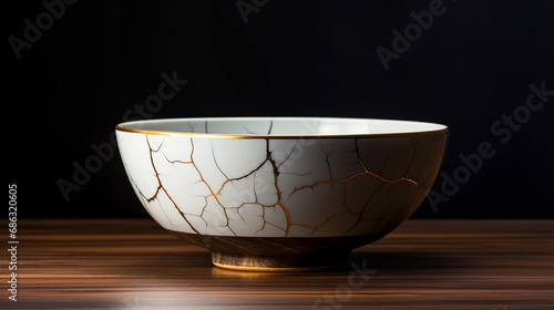 Kintsugi white bowl in wooden table top against dark black background photo