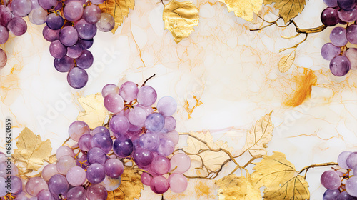 Grapes in purple and gold with textspace Seamless alcohol ink illustration you van repeat on all sides.  photo