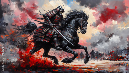 A samurai is riding her horse towards the battlefield. 