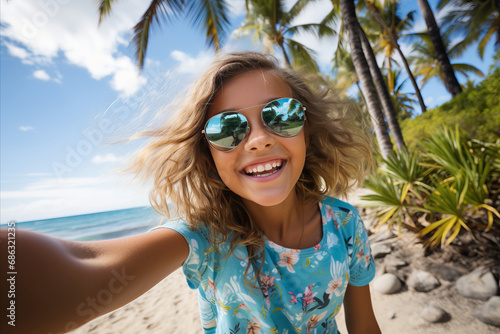 Happy smiling girl child taking selfie portrait on tropical beach © Александр Довянский