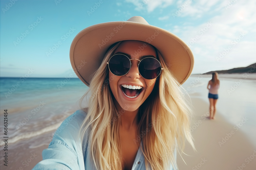 Happy smiling young girl taking selfie portrait on tropical beach Happy smiling young girl taking selfie portrait on tropical beach