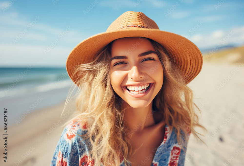 Happy smiling girl in hat on tropical beach