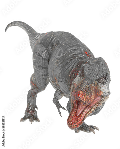 t-rex on blood is looking for food to eat in white background