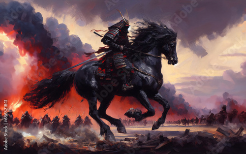 A samurai is riding her horse towards the battlefield.  photo