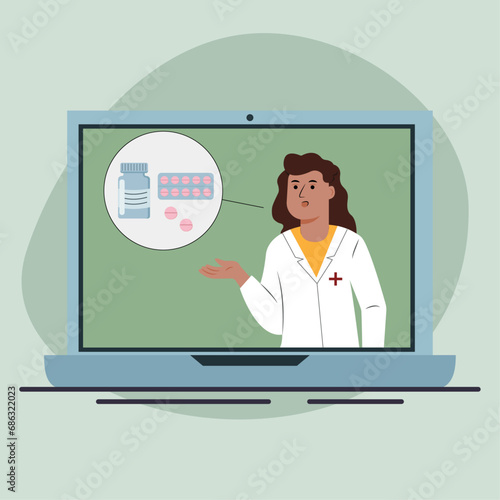 Vector illustration of a girl doctor consulting a patient online