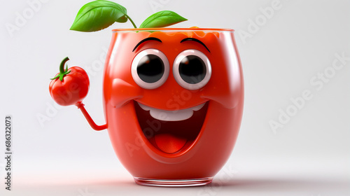 glass of tomato juice with a cheerful face 3D on a white background.