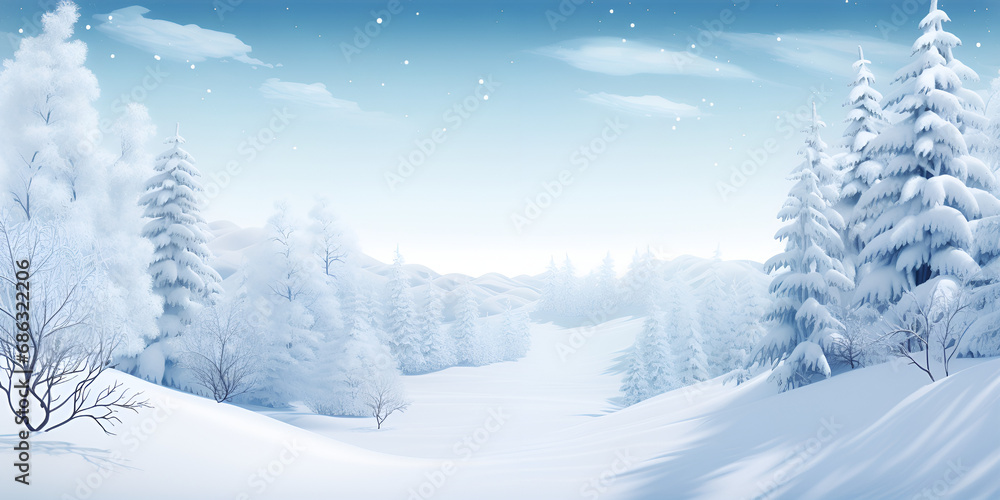 Immersed in Winter's Spell: Christmas Background Featuring a Frosty Winter Landscape in a Snowy Forest, Embraced by a Blue Sky and Sunlight generative AI