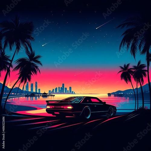 beach at night. Night Beach Illustrations. Palmy Island. palm trees silhouette. Car At Miami Beach. GTA V Miami Beach. Miami Art. Generative AI.	
