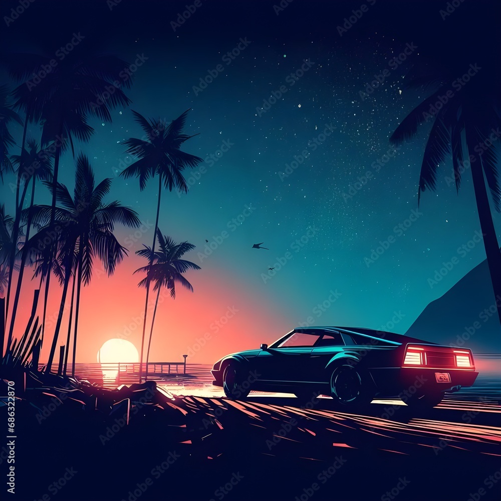 beach at night. Night Beach Illustrations. Palmy Island. palm trees silhouette. Car At Miami Beach. GTA V Miami Beach. Miami Art. Generative AI.	
