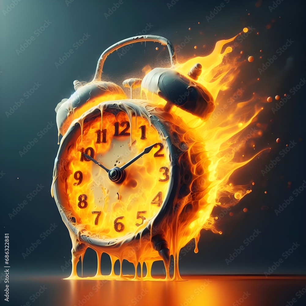 Burned clock photorealistic image, Concept of time has passed out, Time