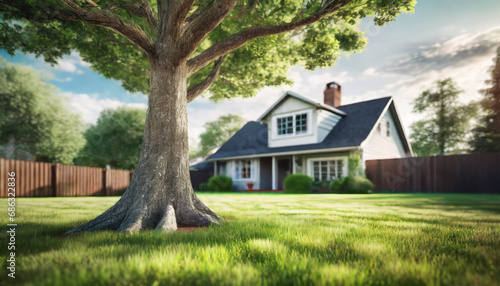 Large tree in front yard of residential home photo