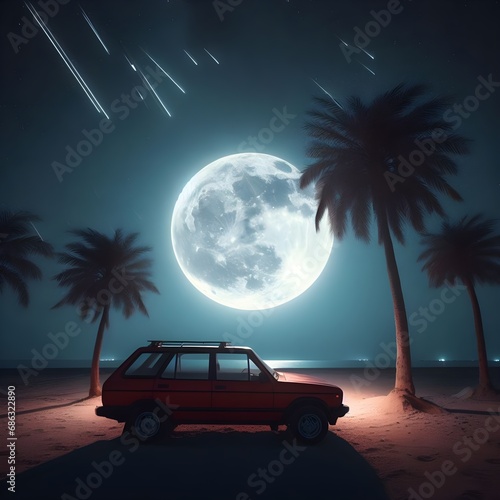beach at night. Night Beach Illustrations. Palmy Island. palm trees silhouette. Car At Miami Beach. GTA V Miami Beach. Miami Art. Generative AI.	
