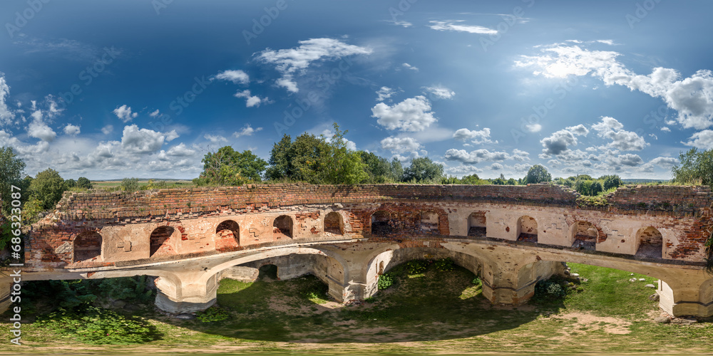 full seamless spherical hdri 360 panorama over ruined abandoned church with arches without roof in equirectangular projection with zenith and nadir, ready for  VR virtual reality content