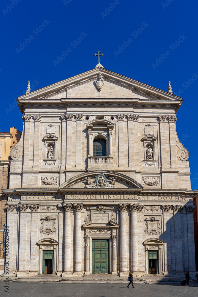 Front facade of the church of Santa Maria in Vallicella on a sunny day with blue sky, Rome, Italy.
