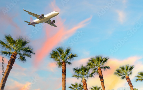Airplane over palm trees against pastel sky, tourism concept with with space for text