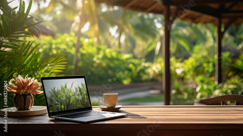 Laptop on wooden table top, blurry background of tropical garden, clam quite setting photo