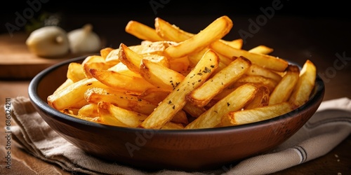  Homemade potato French fries - Crispy golden perfection - Soft  warm lighting highlighting the texture and golden hue  creating an irresistible visual of this classic comfort food
