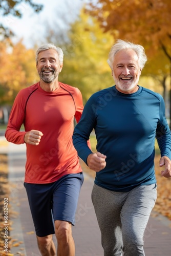 Positive senior man and his young son run together across autumn park in morning. Healthy father and offspring exercise jogging along city garden road. Active family trains developing body endurance