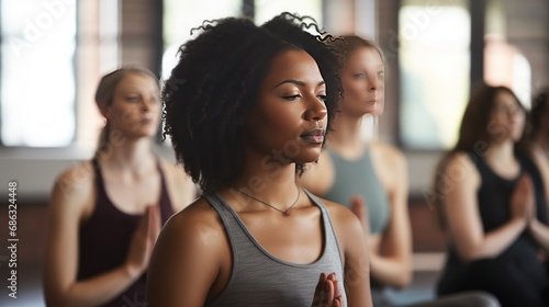 Tranquil woman meditates with group during yoga session. Quite sporty people contemplate mind and relax sitting in lotus poses in class. Physical and mental recreation with mindfulness photo