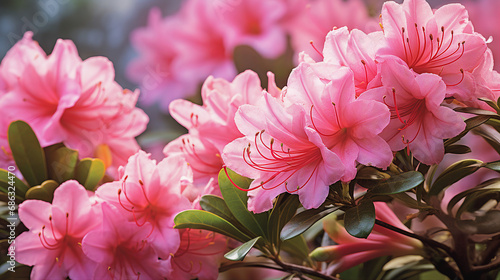 Close-Up of Pink Azalea Blossoms in Spring Background