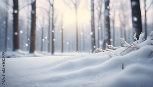 Winter background of snow and blurred forest
