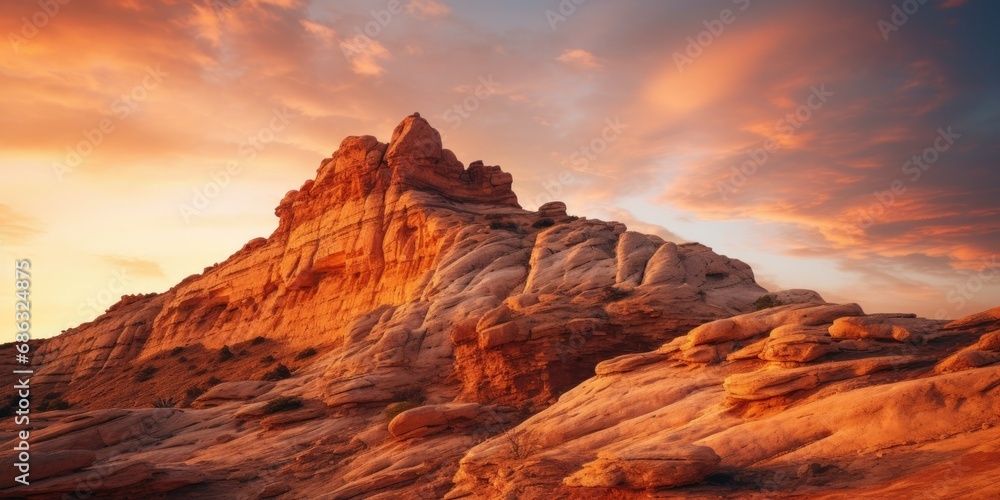 
Majestic rock formation bathed in the soft hues of sunrise - Nature's tranquil awakening - Warm, golden light illuminating the rugged surface, capturing the beauty of the rocky landscape