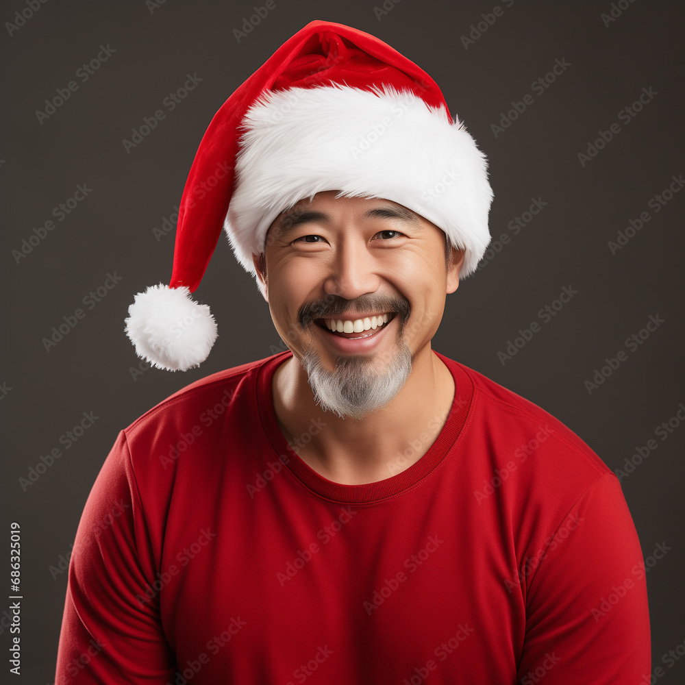 Festive Asian Joy: A Delightful Image of a Smiling Asian Man Wearing Red and a Christmas Santa Hat - Spreading Cheer and Celebrating the Holiday Season with a Heartwarming Smile Festive Asian Joy: A Delightful Image of a Smiling Asian Man Wearing Red and a Christmas Santa Hat - Spreading Cheer and Celebrating the Holiday Season with a Heartwarming Smile